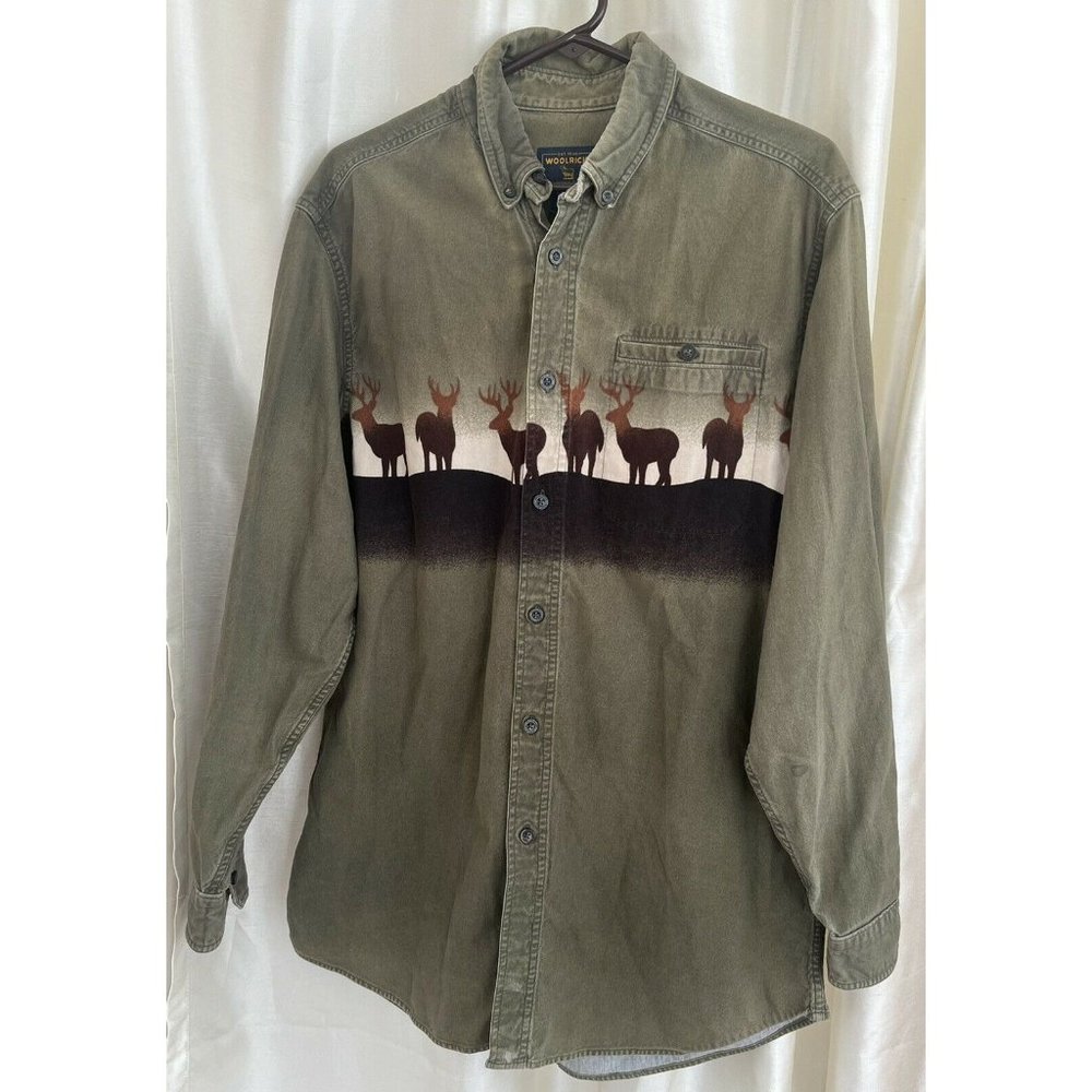 Woolrich Olive Green Button-Down Shirt with Elk Band